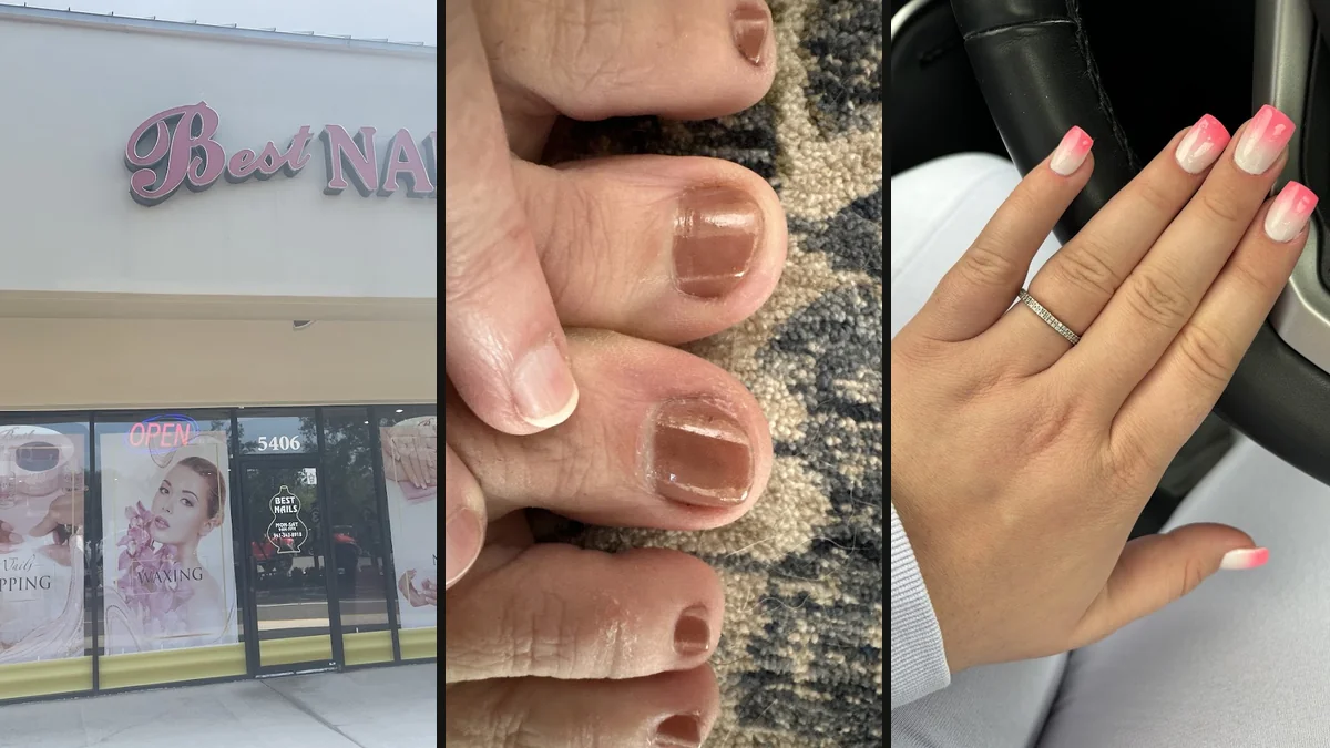 Polished nails beside salon supplies
